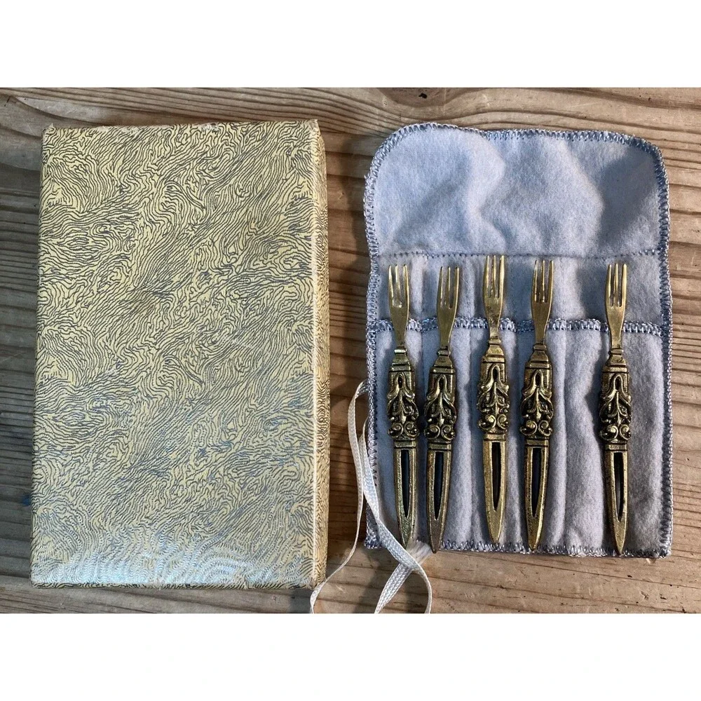 VTG Decorative Fork Lot - Long Wood Handles Japan - Small Gold Tone Set In Boxes